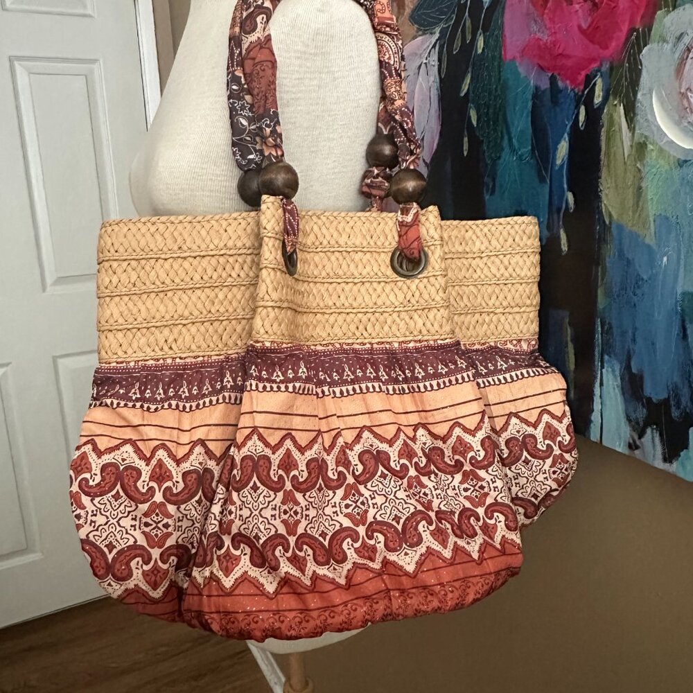 Chico’s Boho Woven Straw & Fabric Tote Bag | Resort-Ready Style